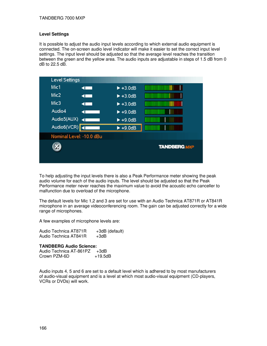 TANDBERG 700 MXP user manual Level Settings, Tandberg Audio Science 