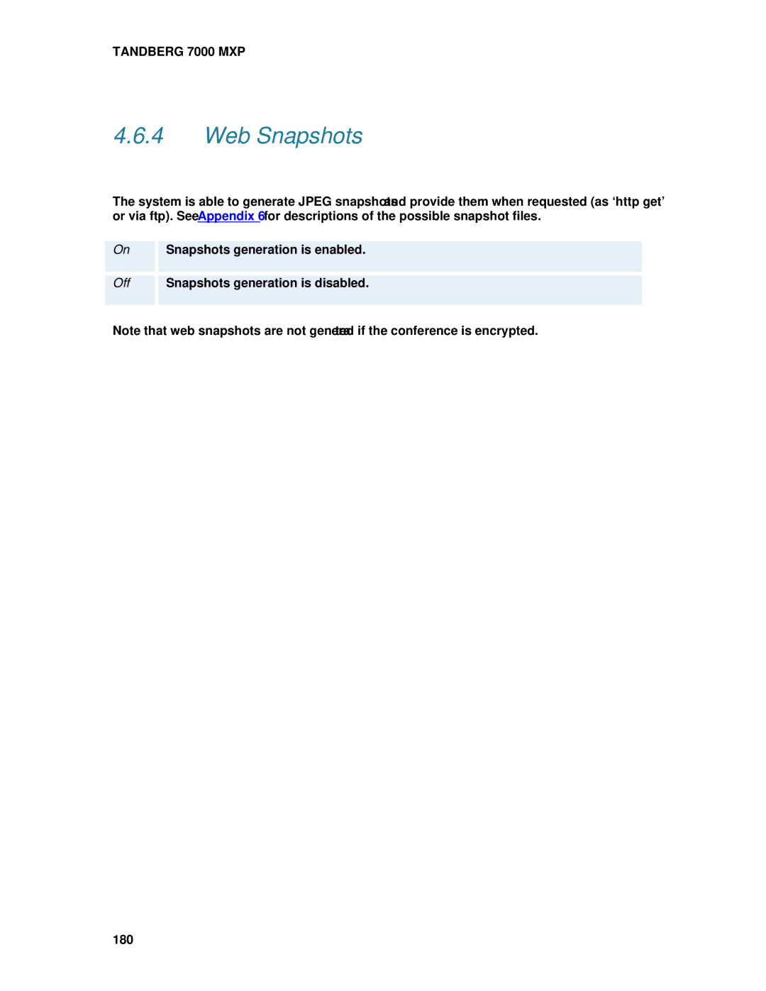 TANDBERG 700 MXP user manual Web Snapshots, Snapshots generation is enabled, Off Snapshots generation is disabled 