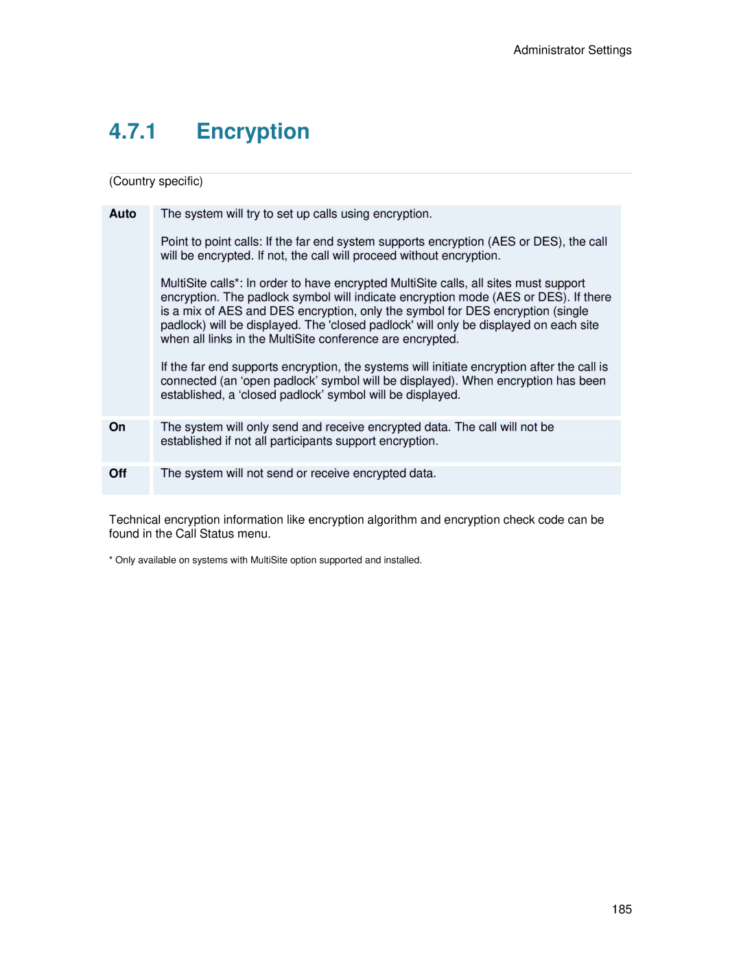 TANDBERG 700 MXP user manual Encryption, Auto 