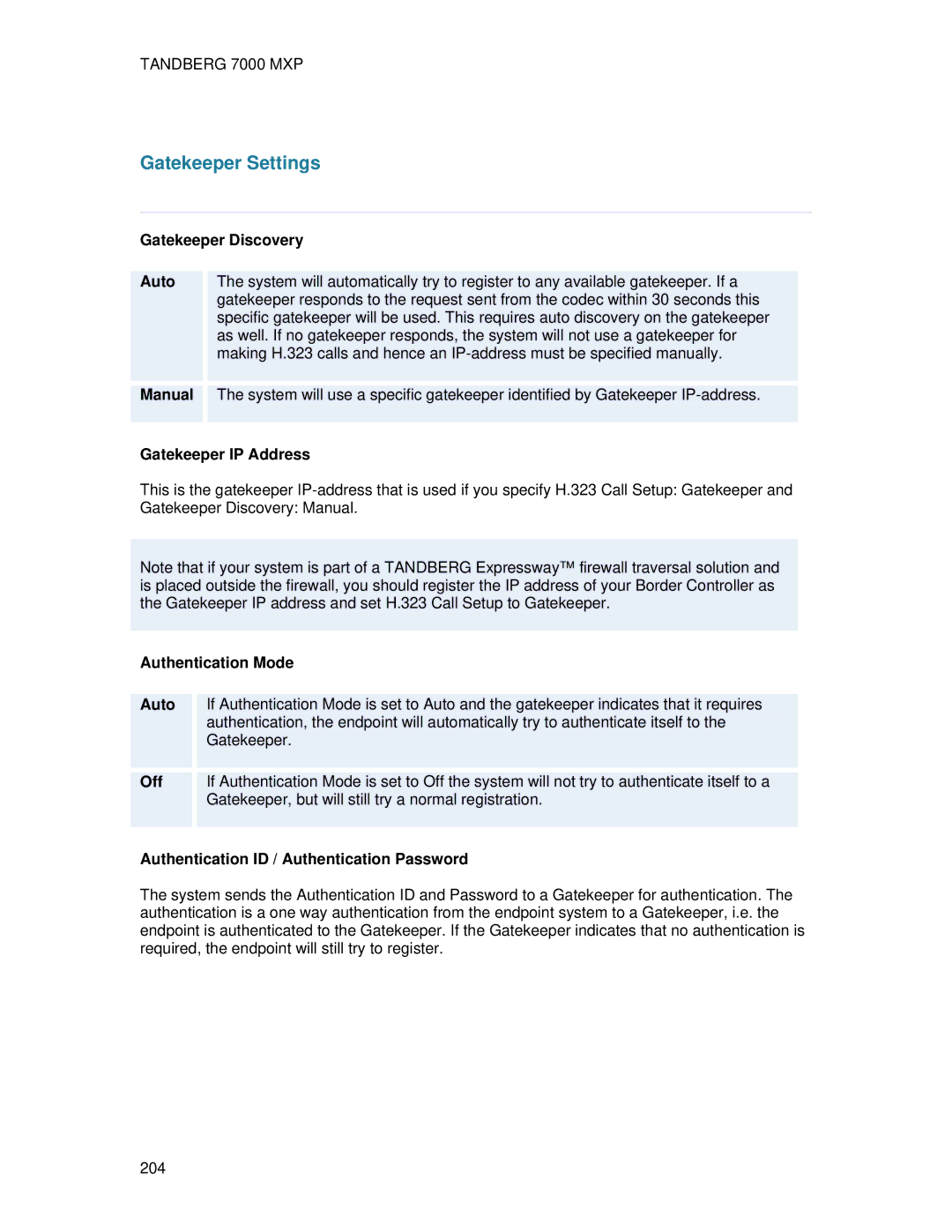 TANDBERG 700 MXP user manual Gatekeeper Discovery Auto, Gatekeeper IP Address, Authentication Mode Auto 