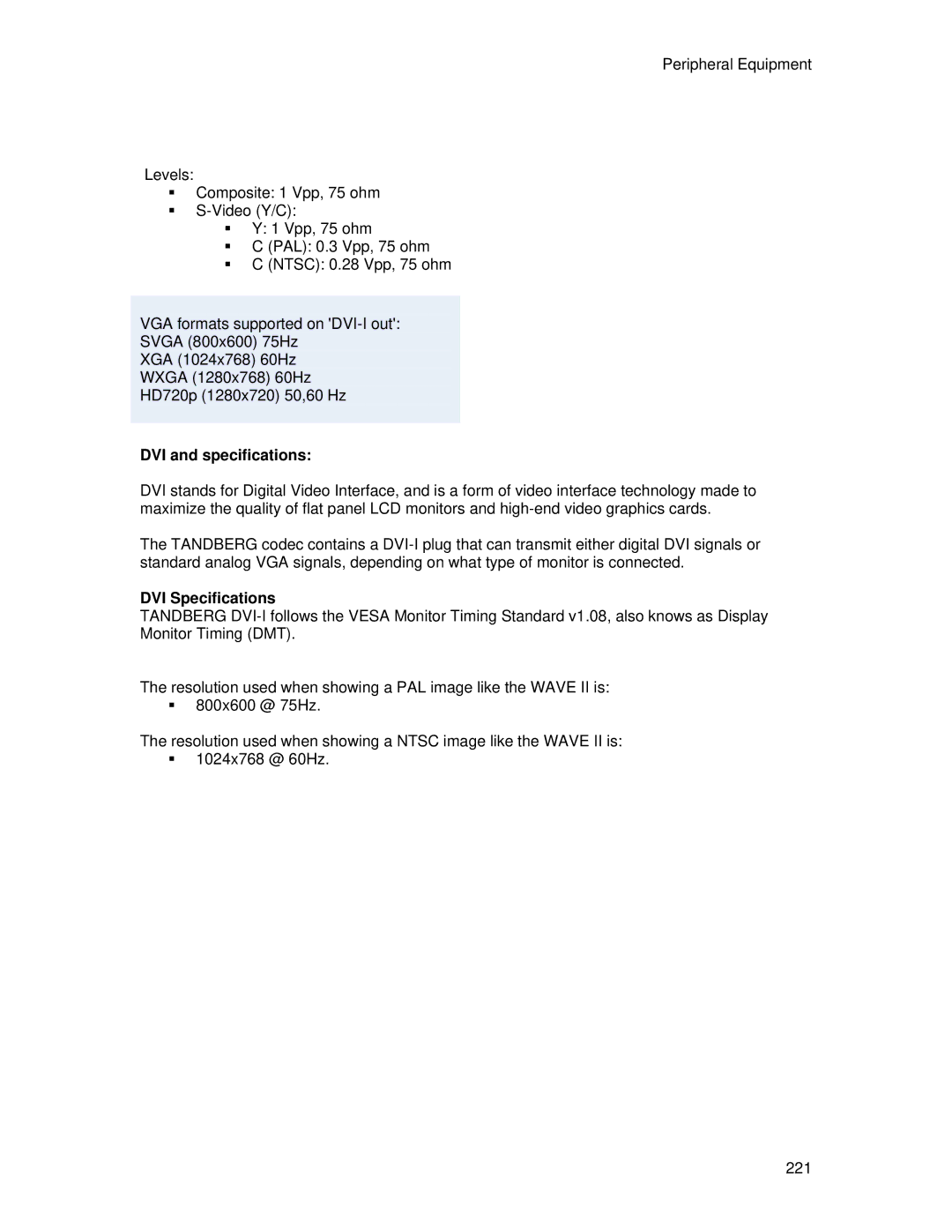 TANDBERG 700 MXP user manual DVI and specifications, DVI Specifications 