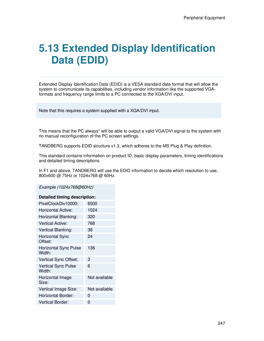 TANDBERG 700 MXP user manual Extended Display Identification Data Edid, Detailed timing description 