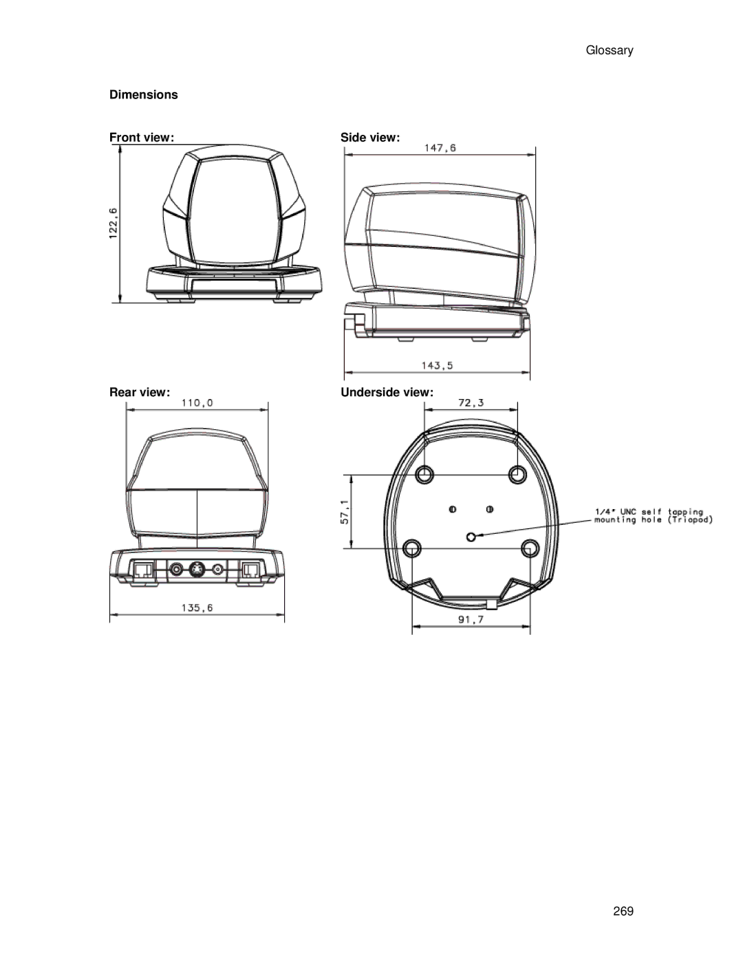 TANDBERG 700 MXP user manual Dimensions Front view, Rear view Underside view 