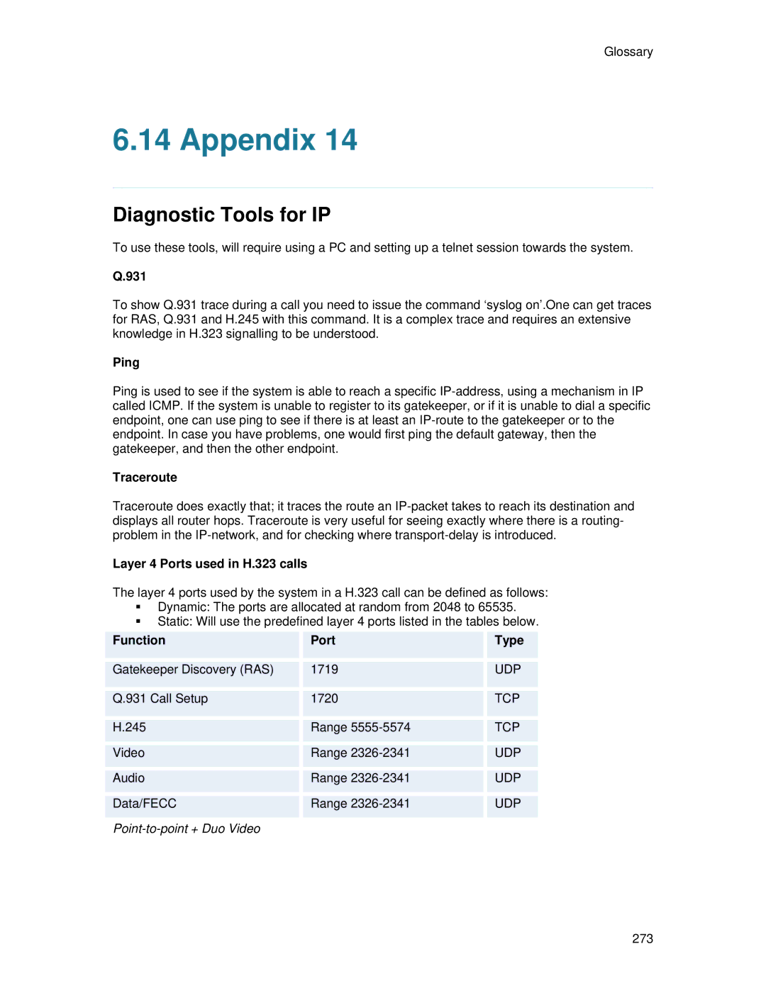 TANDBERG 700 MXP user manual 931, Ping, Traceroute, Layer 4 Ports used in H.323 calls, Function Port Type 