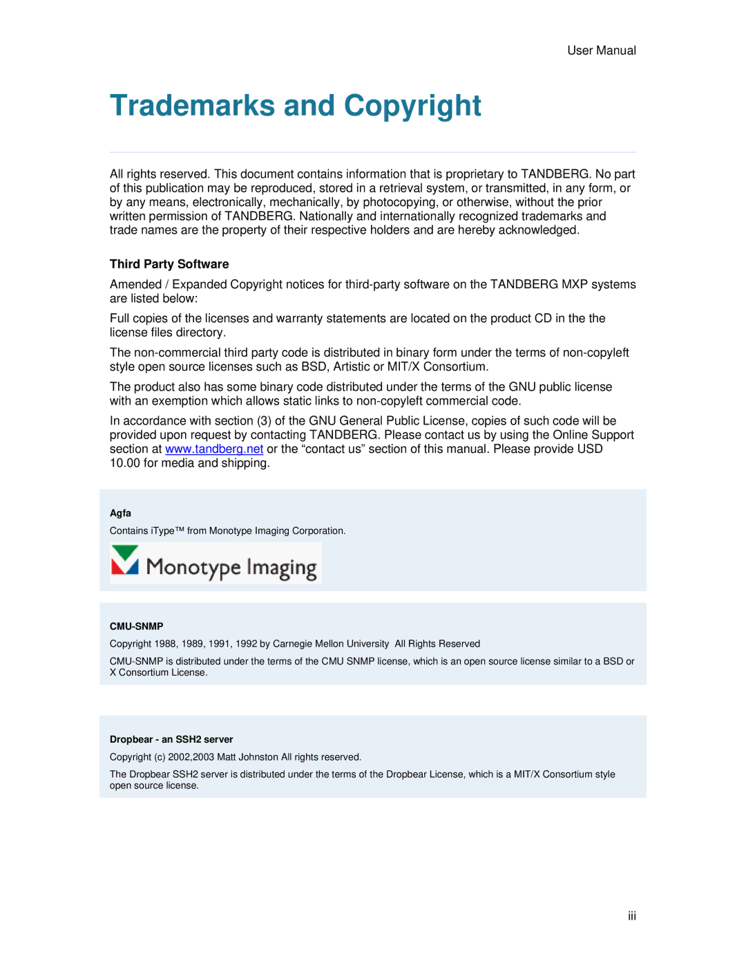 TANDBERG 700 MXP user manual Trademarks and Copyright, Third Party Software 