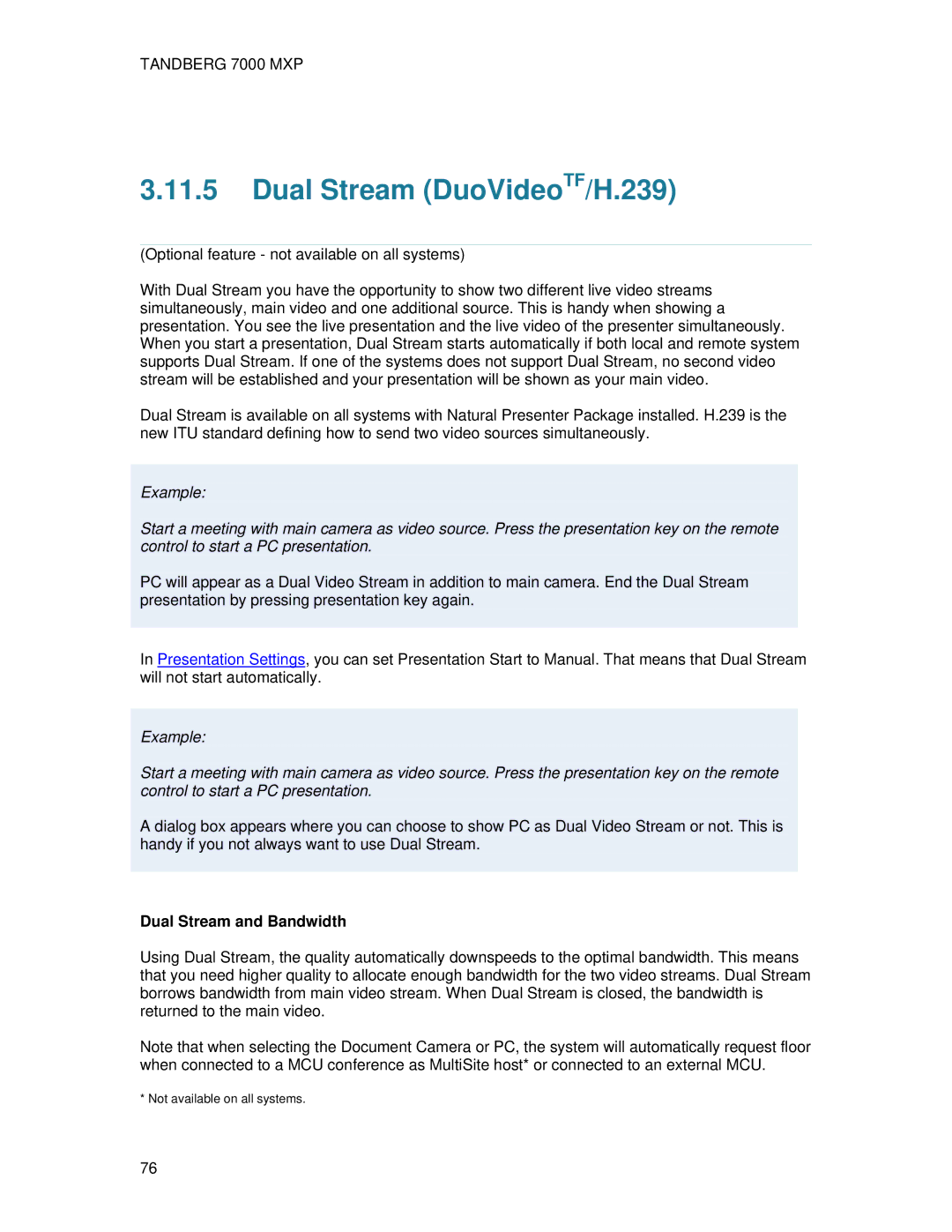 TANDBERG 700 MXP user manual Dual Stream DuoVideoTF/H.239, Dual Stream and Bandwidth 