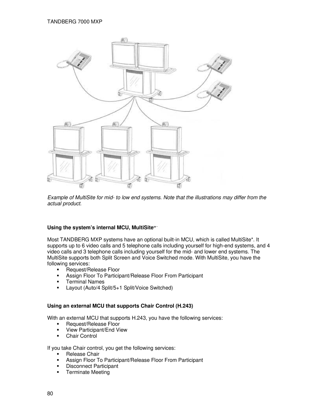 TANDBERG 700 MXP Using the system’s internal MCU, MultiSiteTF, Using an external MCU that supports Chair Control H.243 