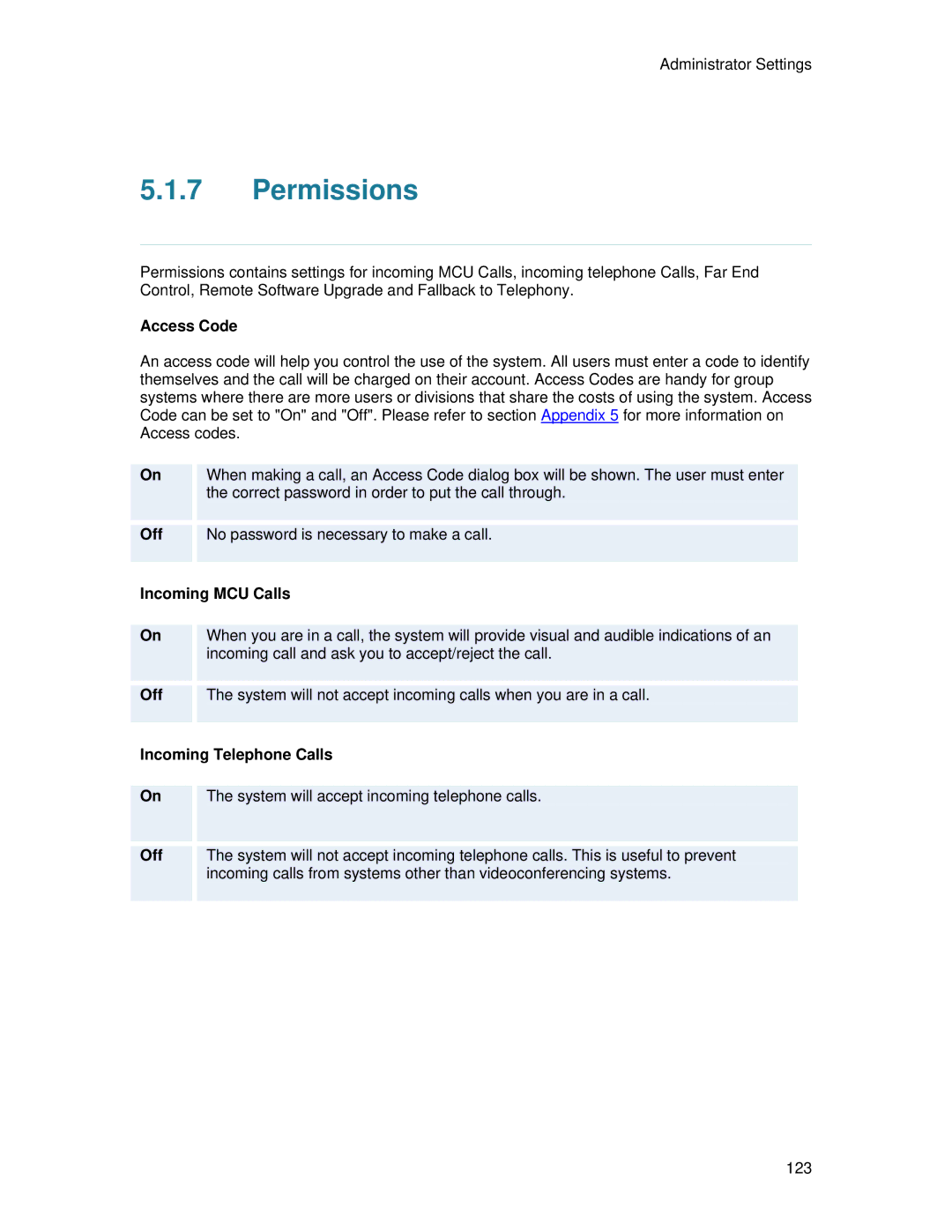 TANDBERG 7000 MXP user manual Permissions, Access Code, Incoming MCU Calls, Incoming Telephone Calls 