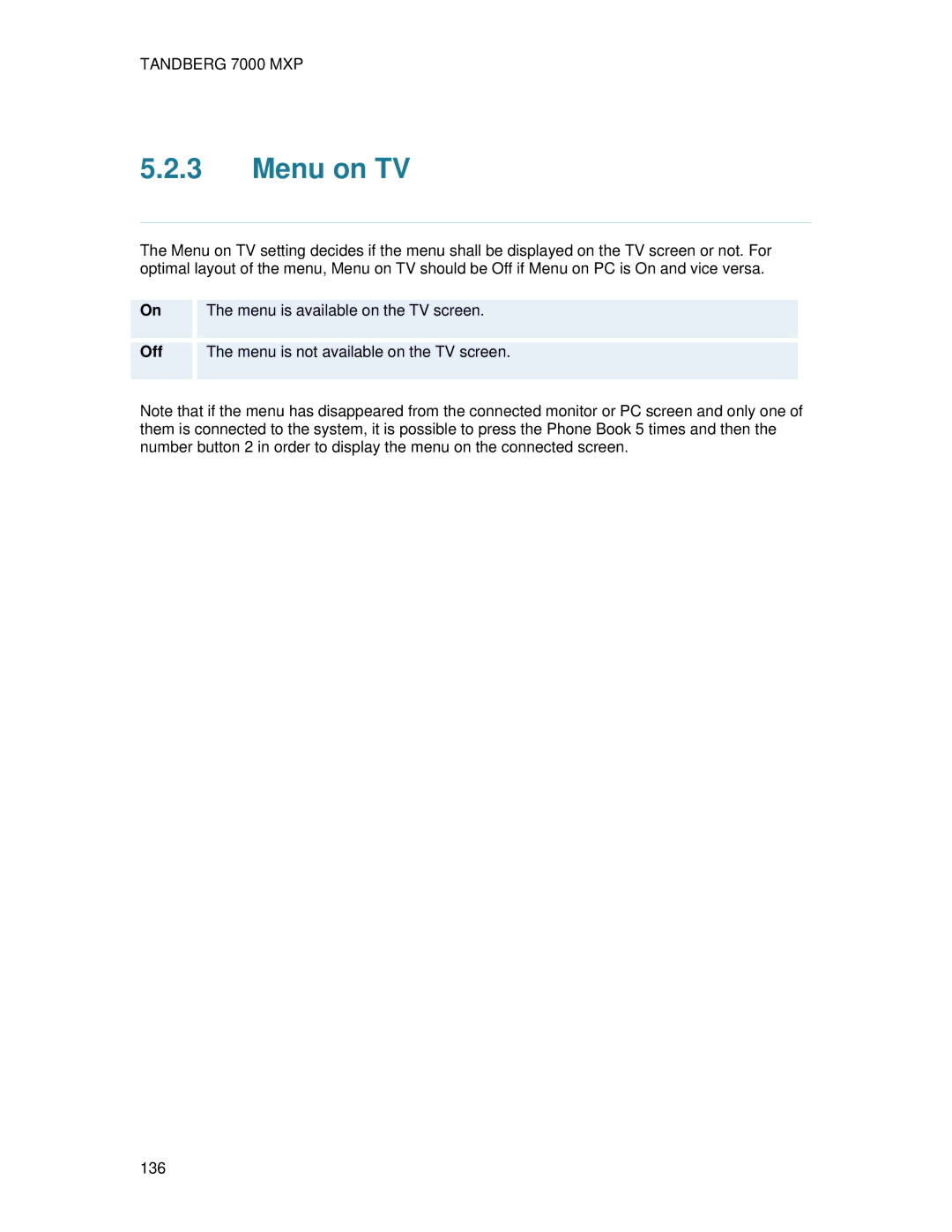 TANDBERG 7000 MXP user manual Menu on TV 