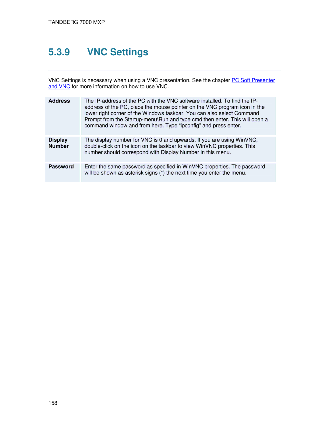 TANDBERG 7000 MXP user manual VNC Settings, Display 