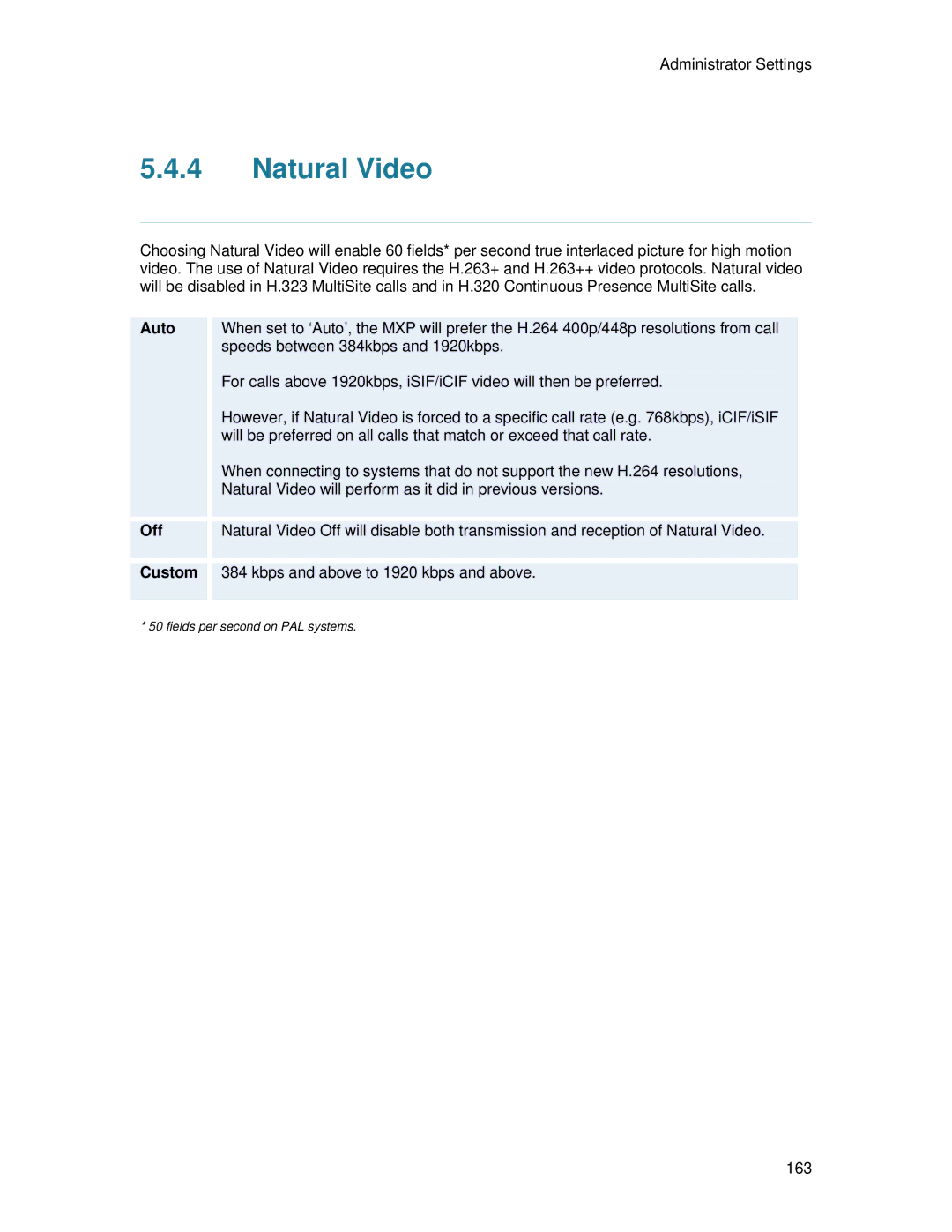 TANDBERG 7000 MXP user manual Natural Video, Custom 