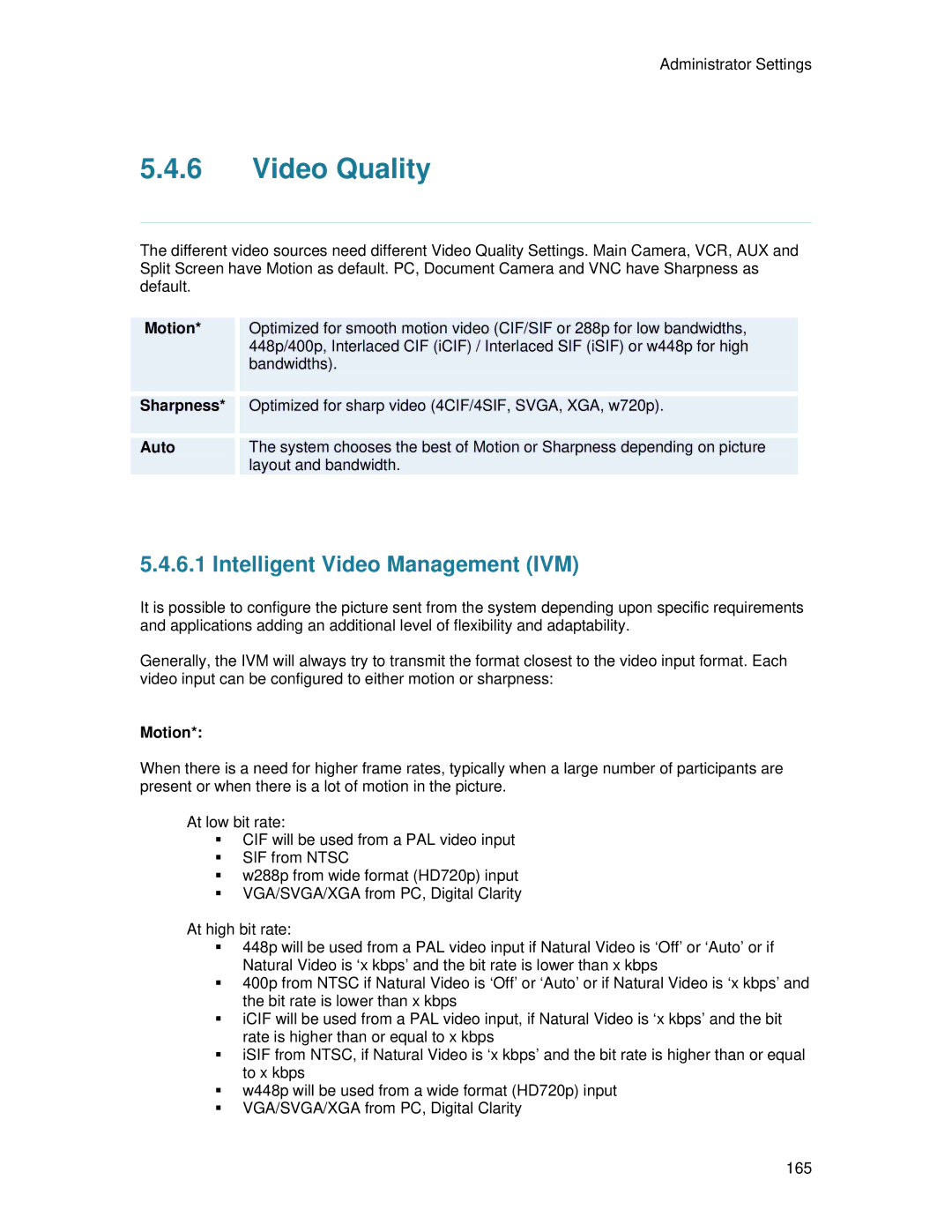 TANDBERG 7000 MXP user manual Video Quality, Intelligent Video Management IVM, Motion, Sharpness 