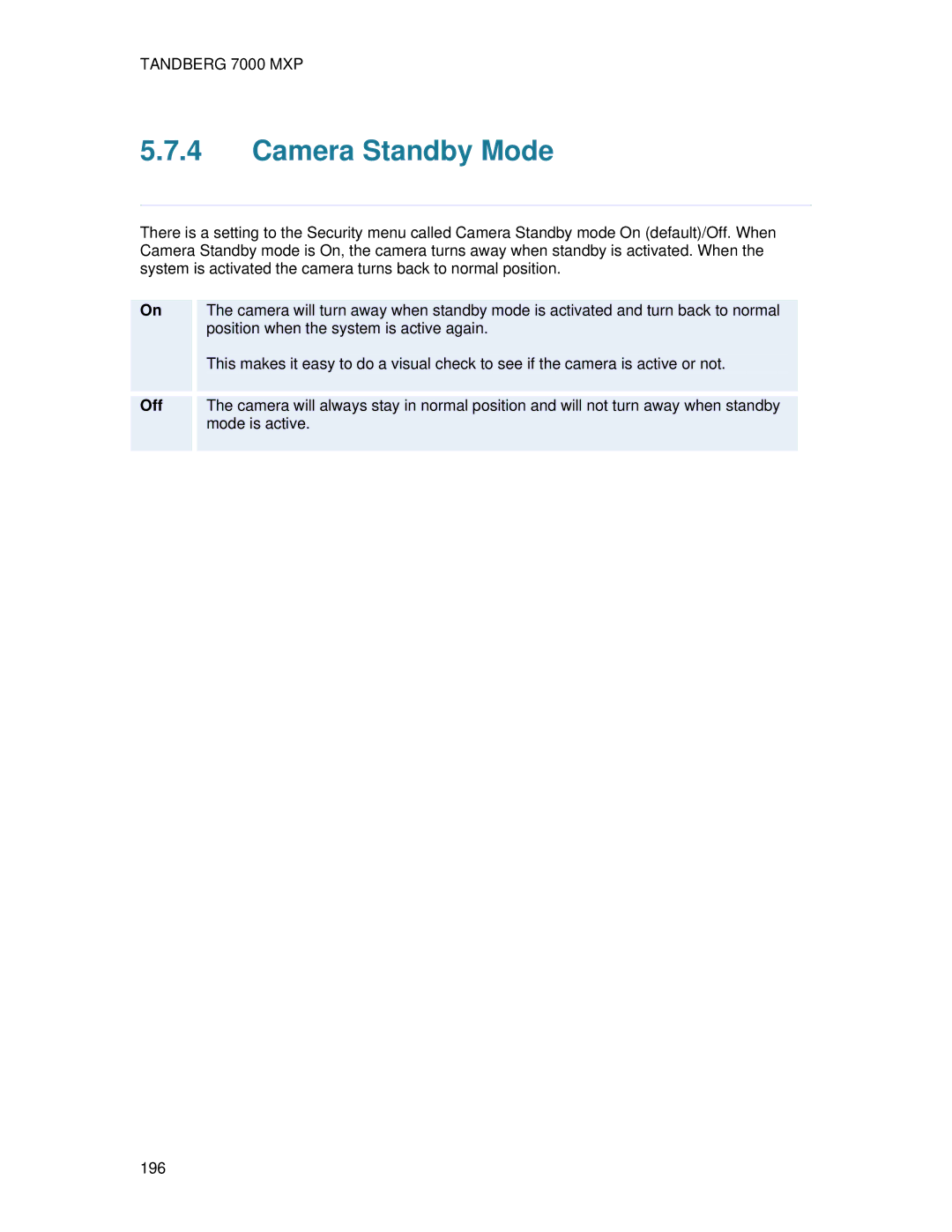 TANDBERG 7000 MXP user manual Camera Standby Mode, Off 