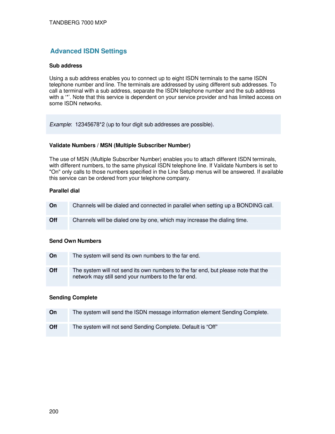 TANDBERG 7000 MXP user manual Sub address, Validate Numbers / MSN Multiple Subscriber Number 