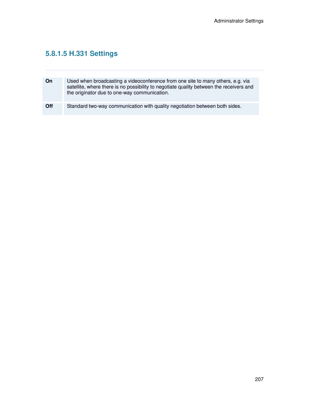 TANDBERG 7000 MXP user manual 1.5 H.331 Settings, Off 