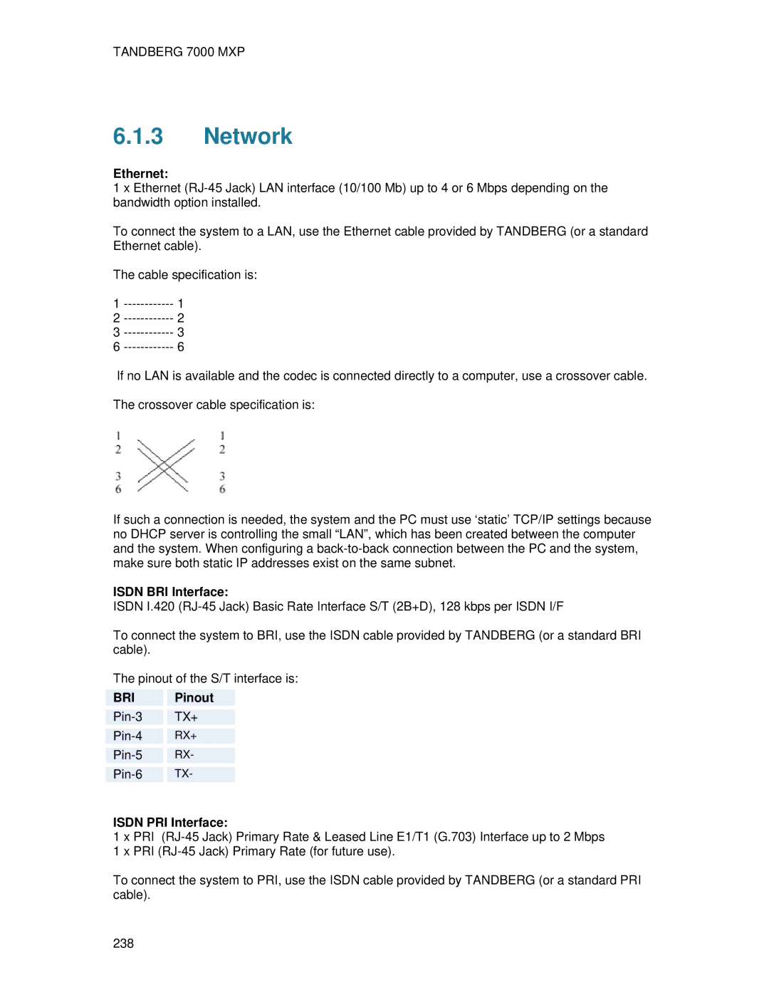 TANDBERG 7000 MXP user manual Network, Ethernet, Isdn BRI Interface, Pinout, Isdn PRI Interface 