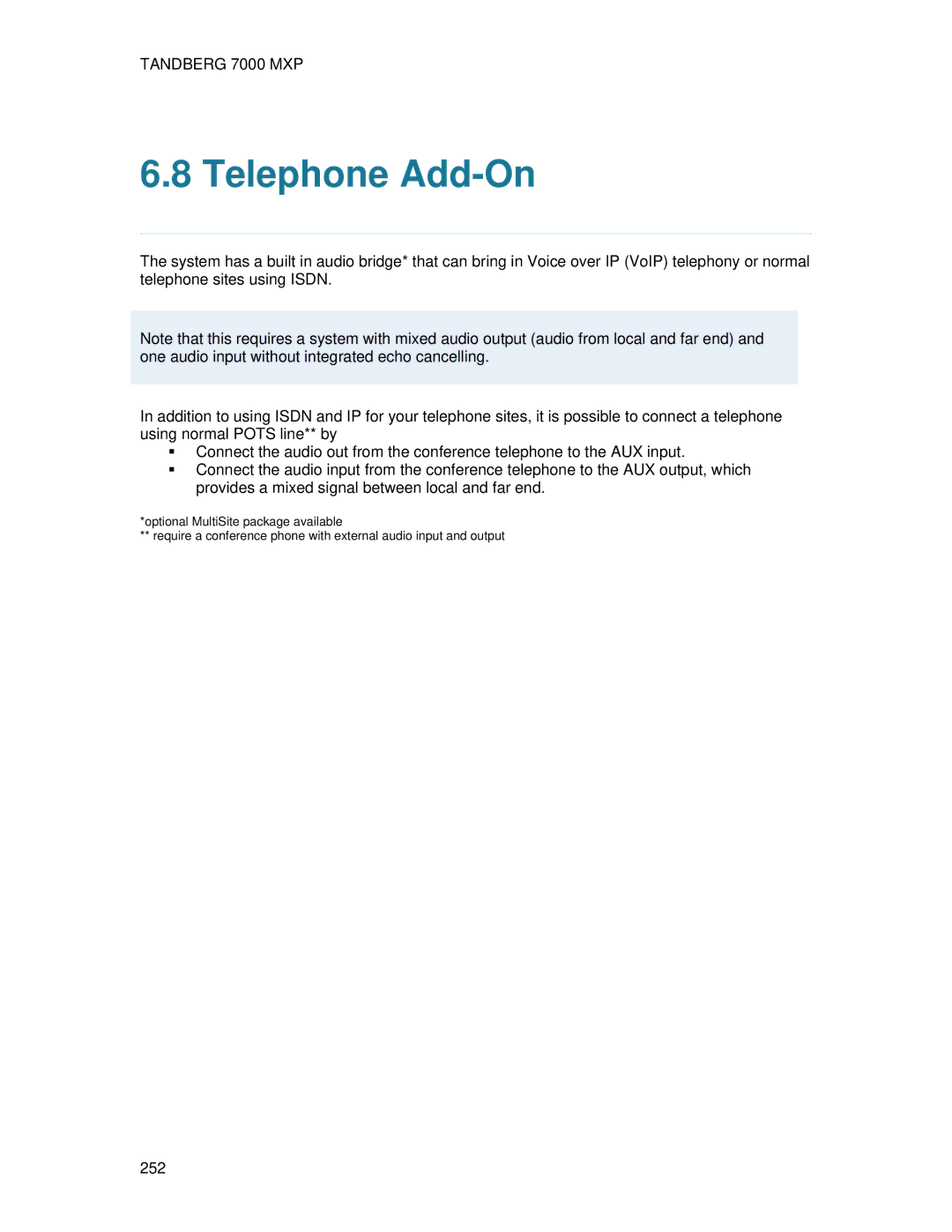 TANDBERG 7000 MXP user manual Telephone Add-On 