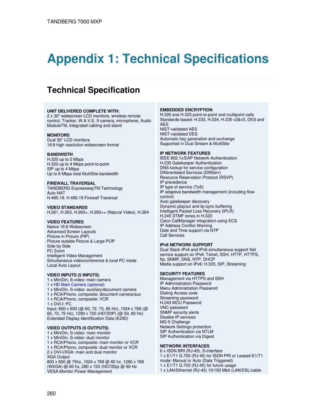 TANDBERG 7000 MXP user manual Appendix 1 Technical Specifications 