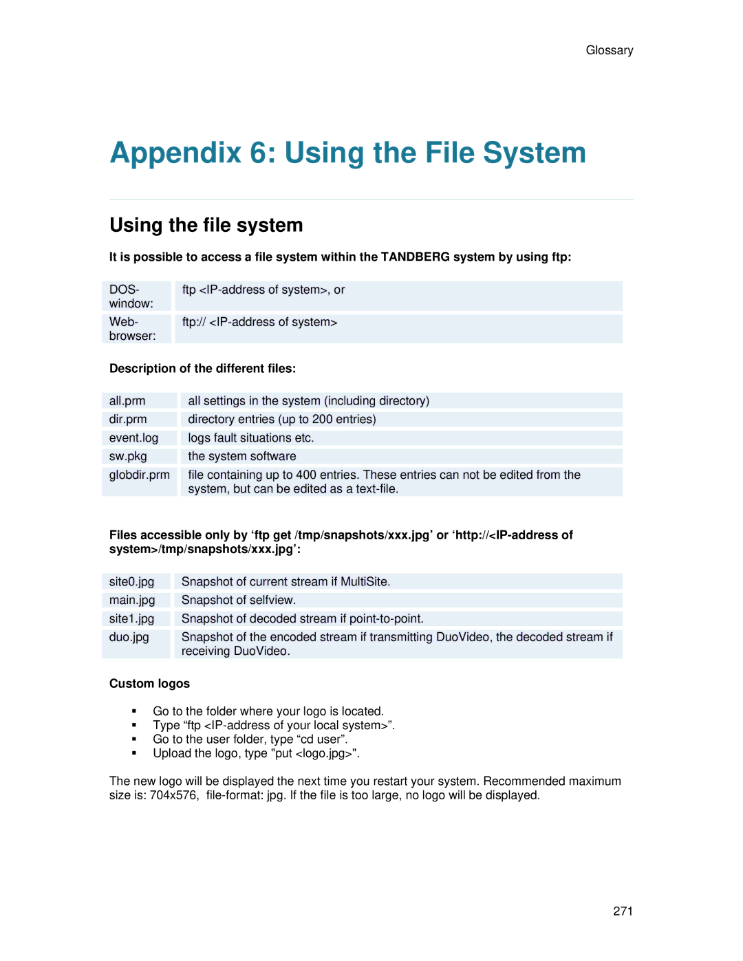 TANDBERG 7000 MXP user manual Appendix 6 Using the File System, Description of the different files, Custom logos 