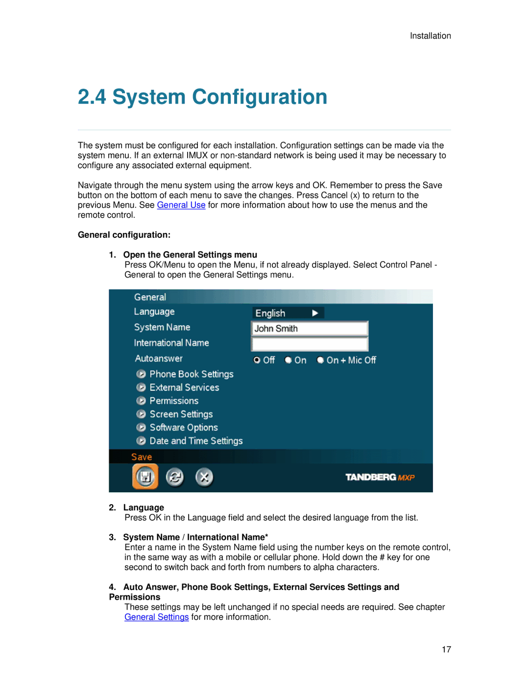 TANDBERG 7000 MXP user manual System Configuration, General configuration Open the General Settings menu, Language 