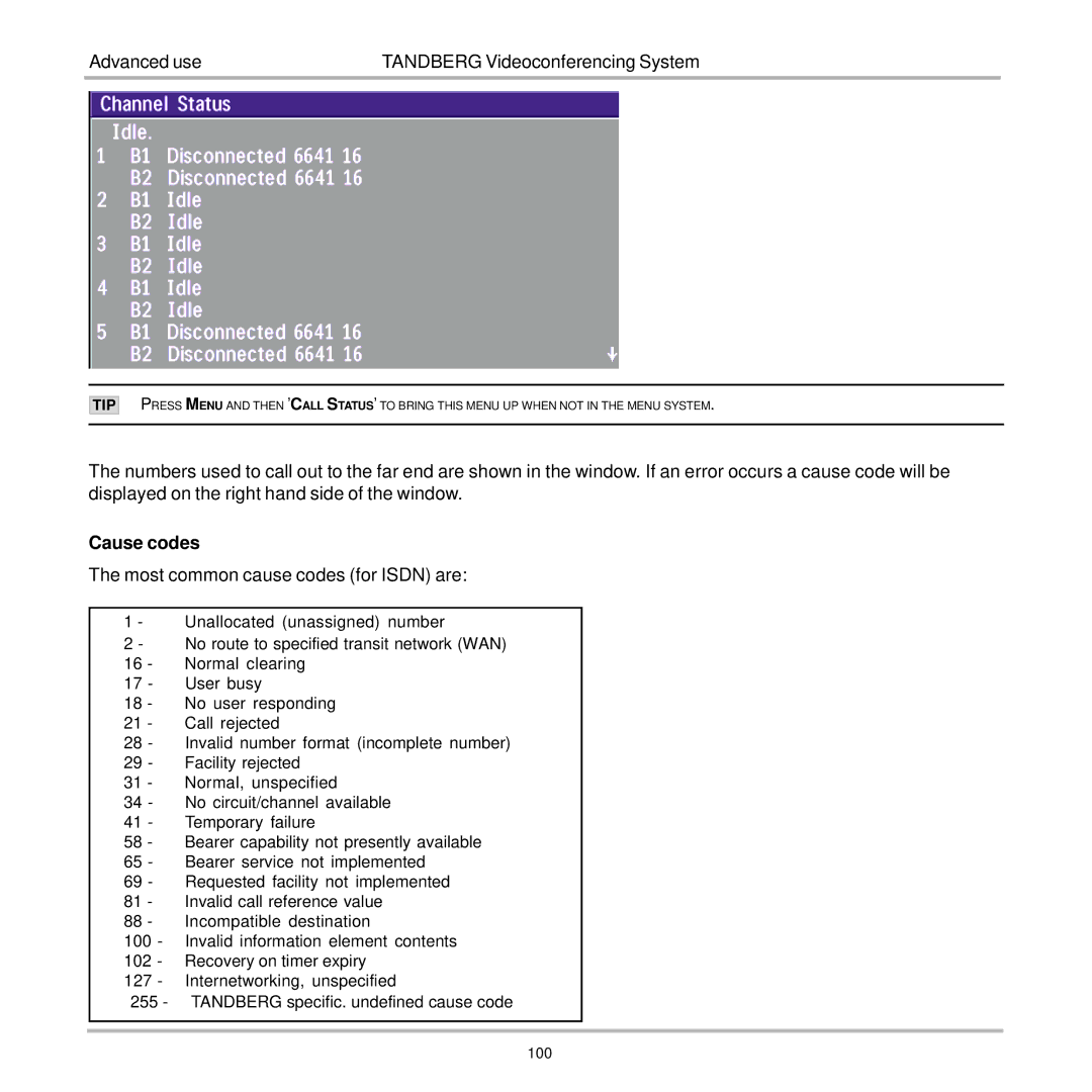 TANDBERG 7000 user manual Cause codes, Most common cause codes for Isdn are 