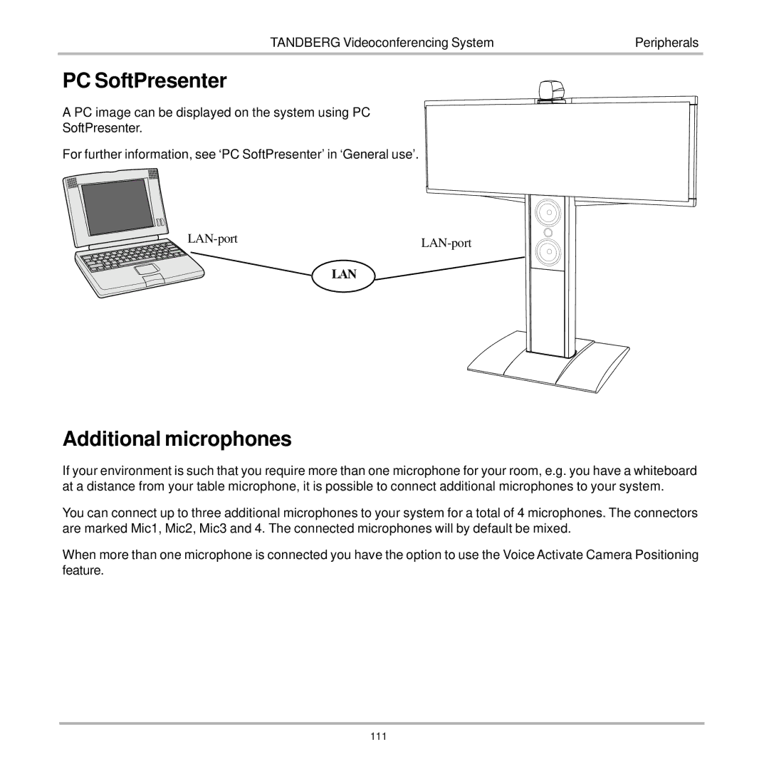 TANDBERG 7000 user manual PC SoftPresenter, Additional microphones 