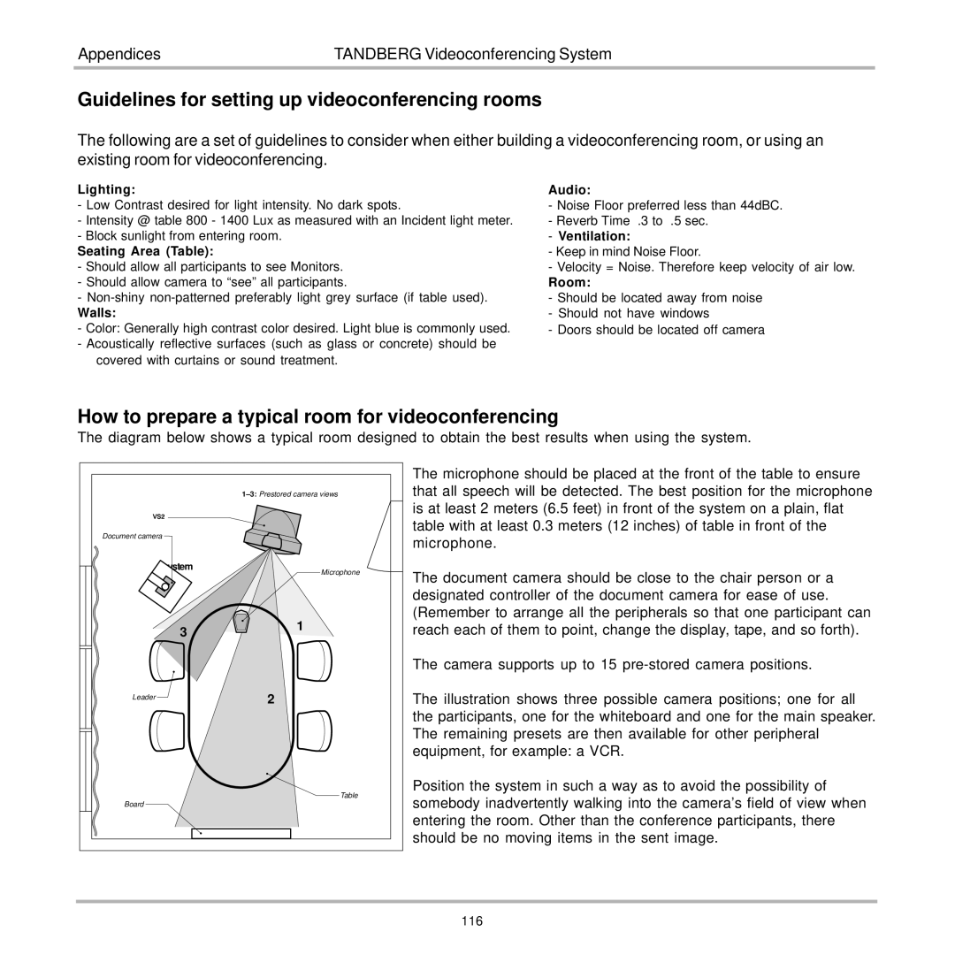 TANDBERG 7000 Guidelines for setting up videoconferencing rooms, How to prepare a typical room for videoconferencing 