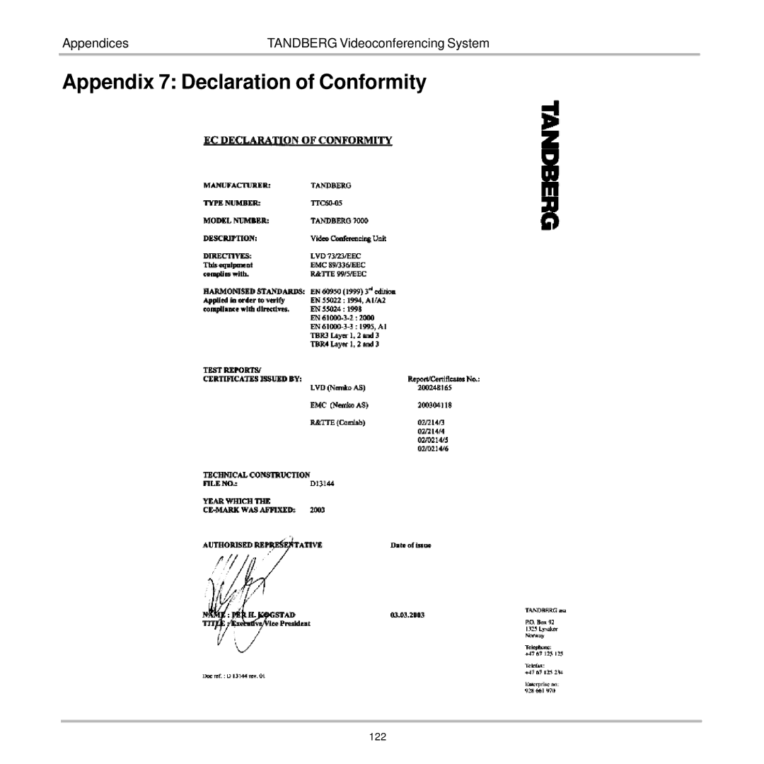 TANDBERG 7000 user manual Appendix 7 Declaration of Conformity 