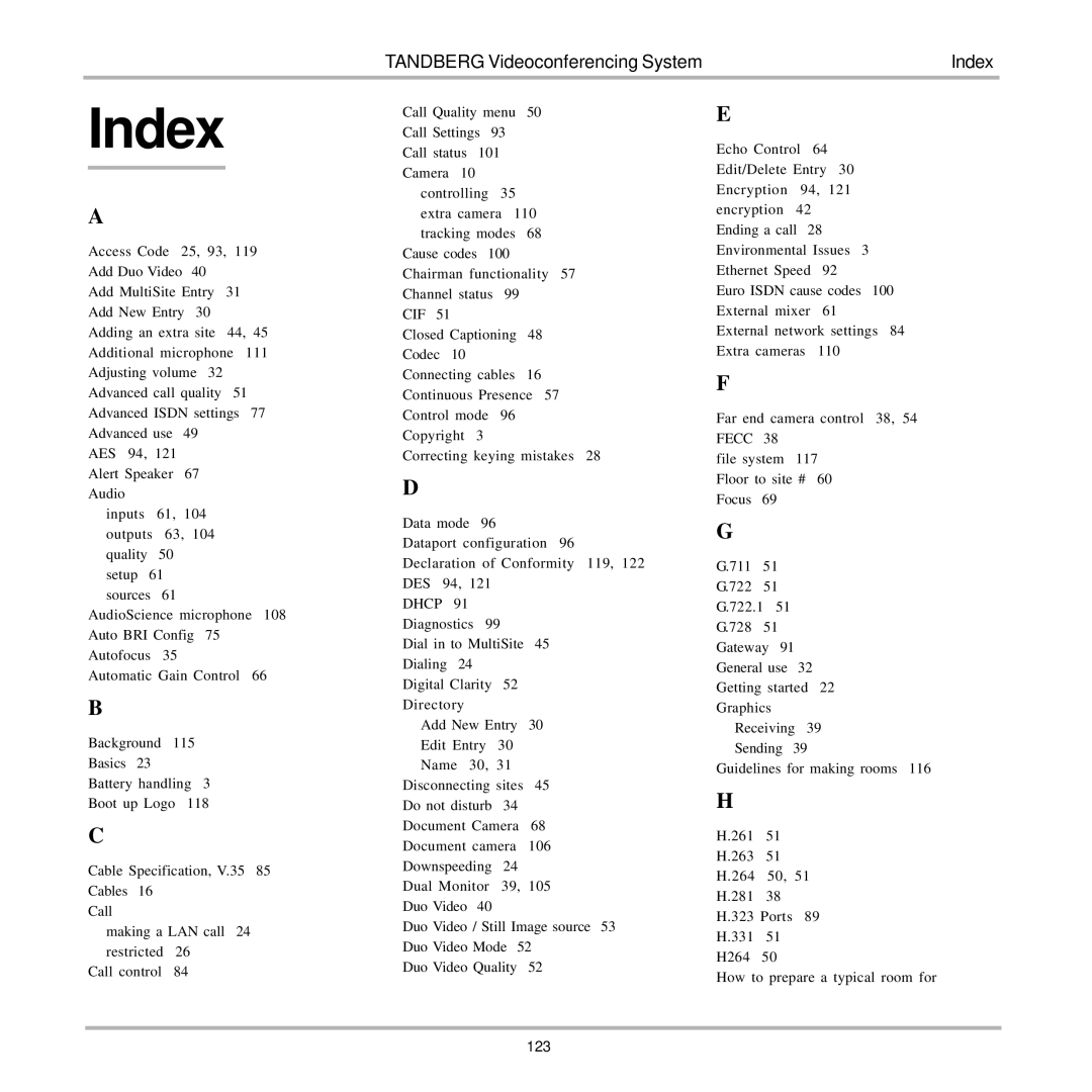 TANDBERG 7000 user manual Index 