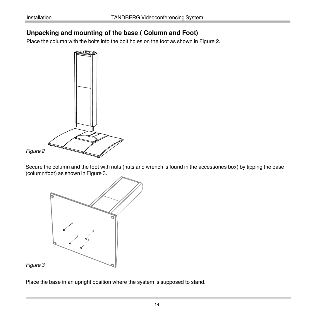 TANDBERG 7000 user manual Unpacking and mounting of the base Column and Foot 