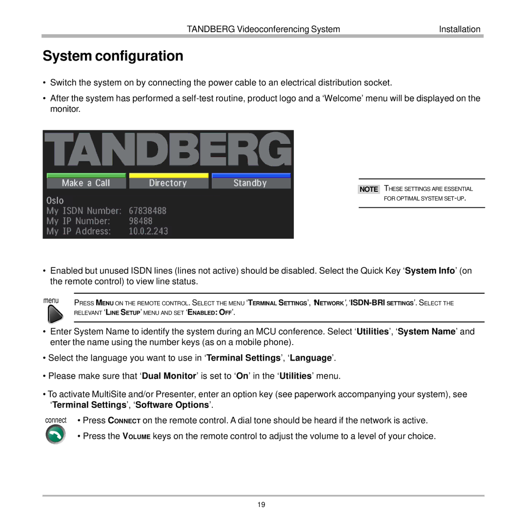 TANDBERG 7000 user manual System configuration, ‘Terminal Settings’, ‘Software Options’ 