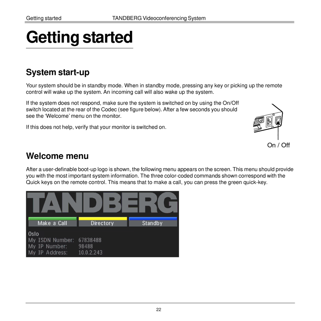 TANDBERG 7000 user manual System start-up, Welcome menu 