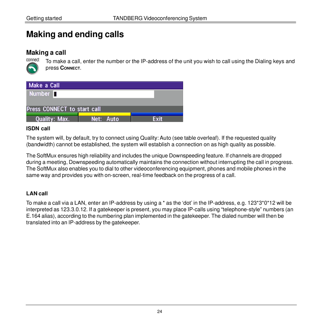 TANDBERG 7000 user manual Making and ending calls, Making a call, Isdn call, LAN call 