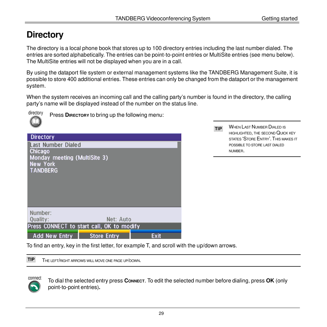 TANDBERG 7000 user manual Directory, Press D Irectory to bring up the following menu 