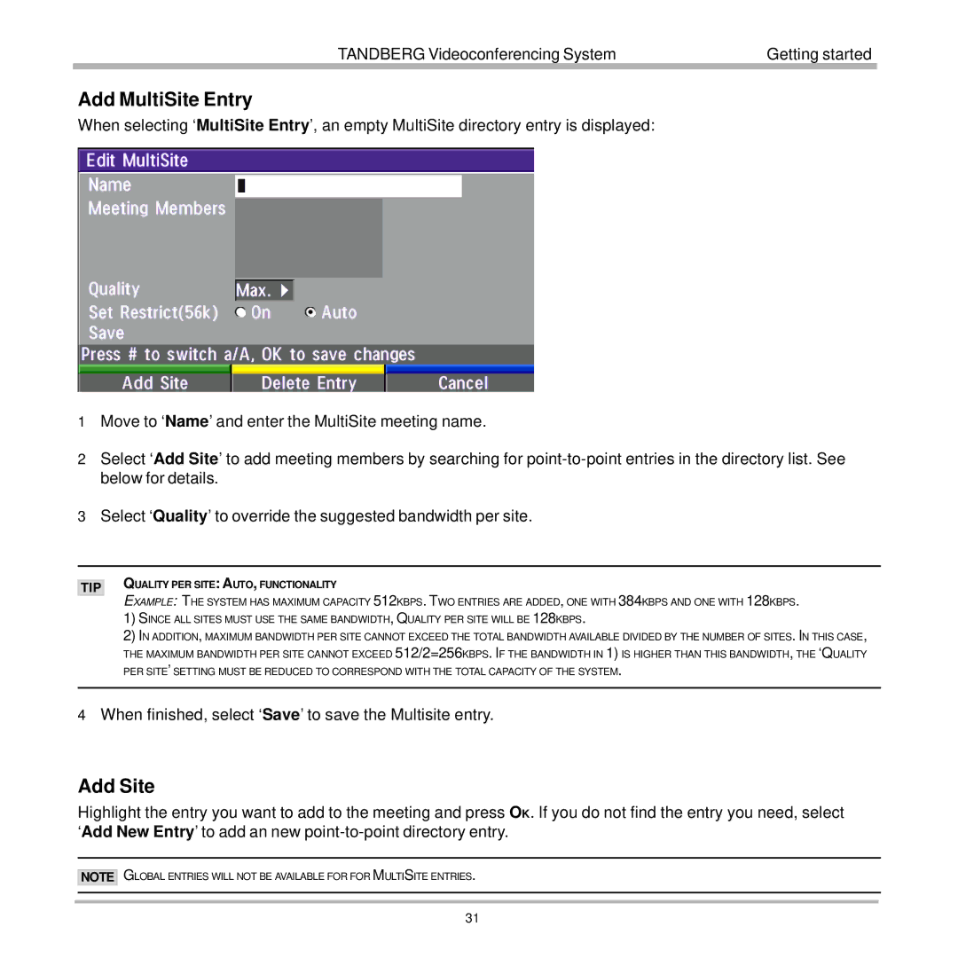 TANDBERG 7000 user manual Add MultiSite Entry, Add Site 