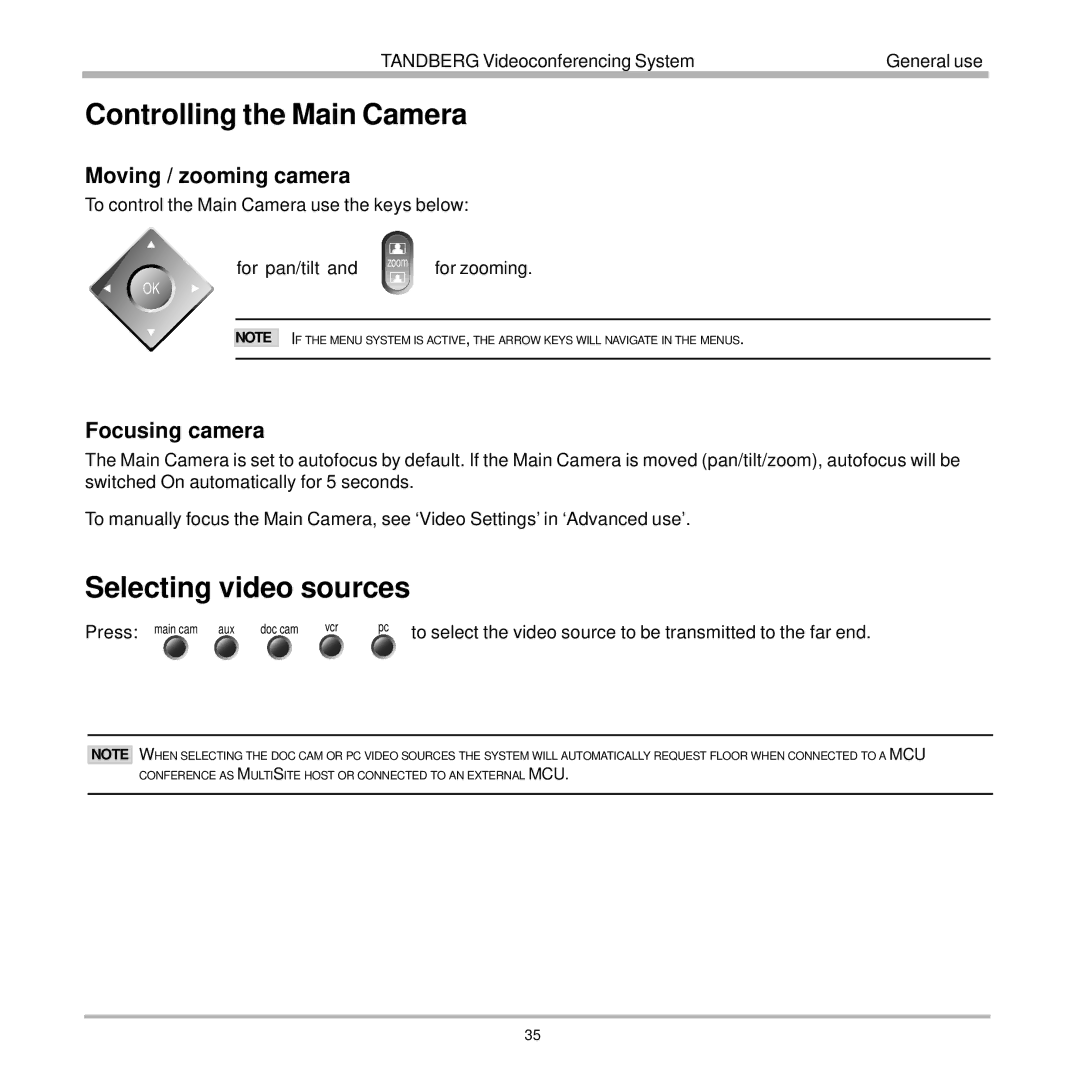 TANDBERG 7000 user manual Controlling the Main Camera, Selecting video sources, Moving / zooming camera, Focusing camera 