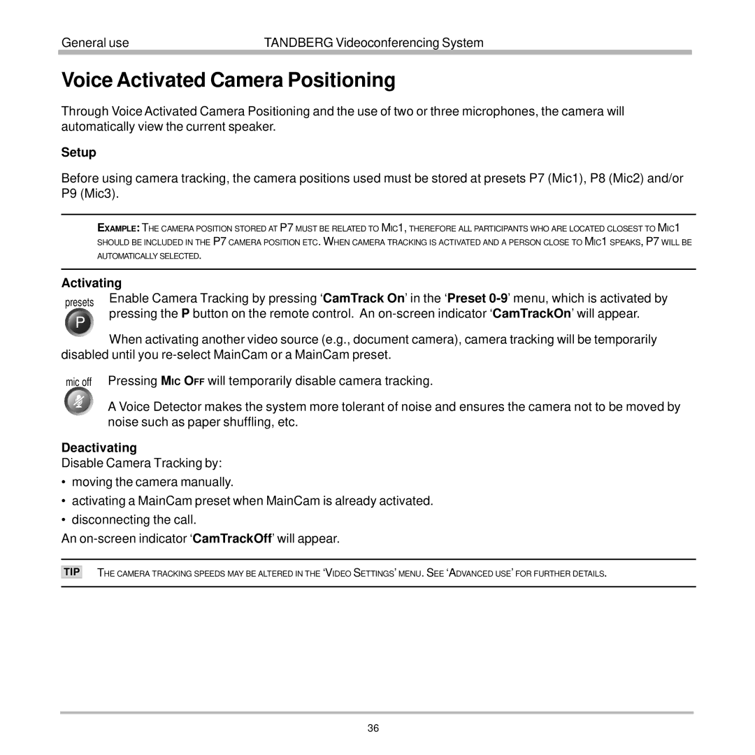 TANDBERG 7000 user manual Voice Activated Camera Positioning, Setup, Activating, Deactivating 