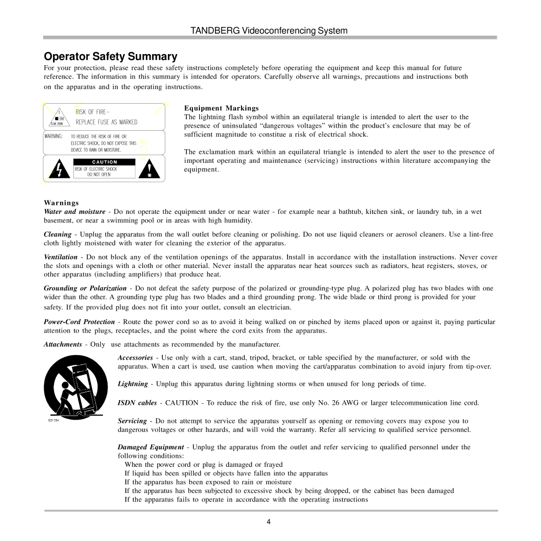 TANDBERG 7000 user manual Operator Safety Summary, Equipment Markings 