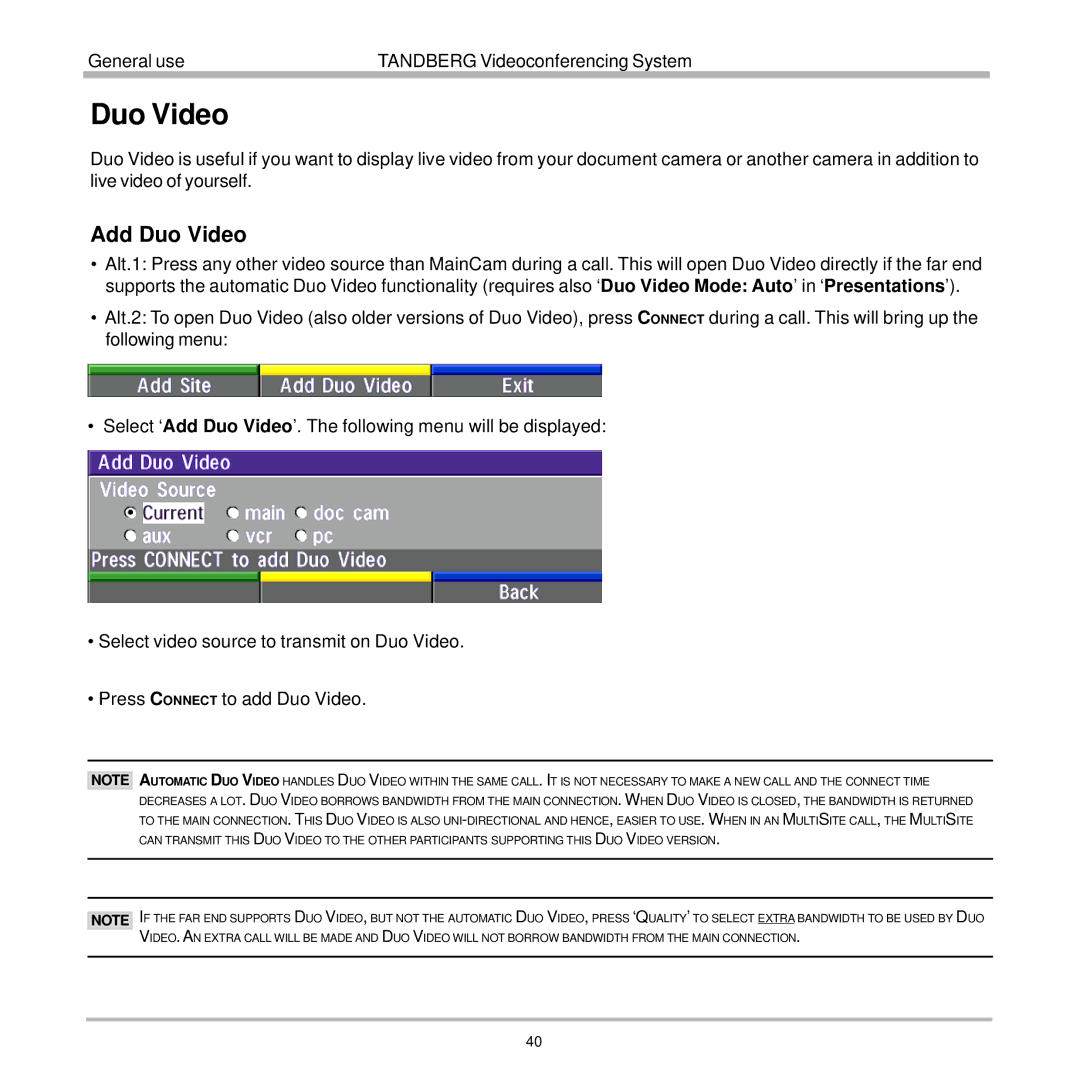 TANDBERG 7000 user manual Add Duo Video 