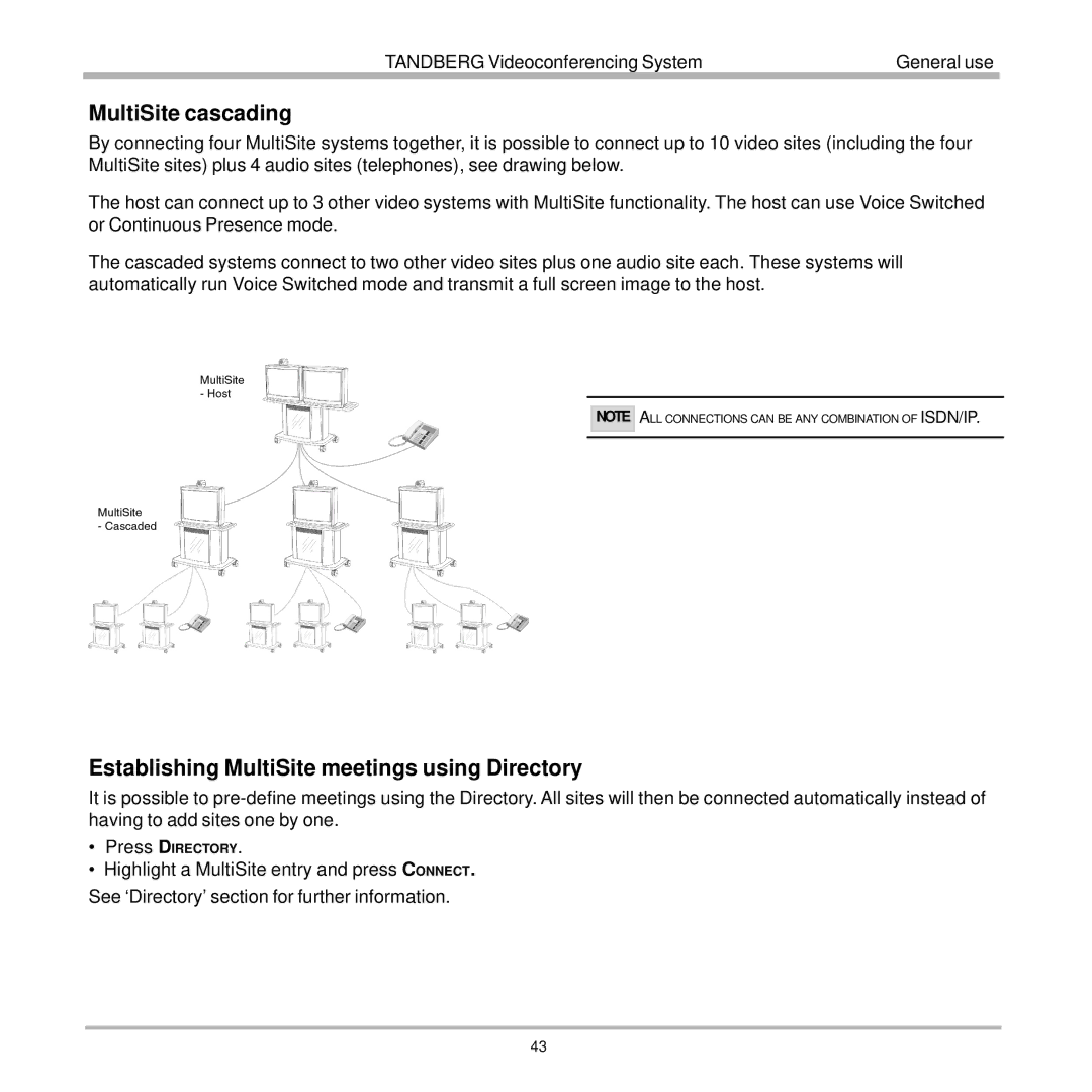 TANDBERG 7000 user manual MultiSite cascading, Establishing MultiSite meetings using Directory 