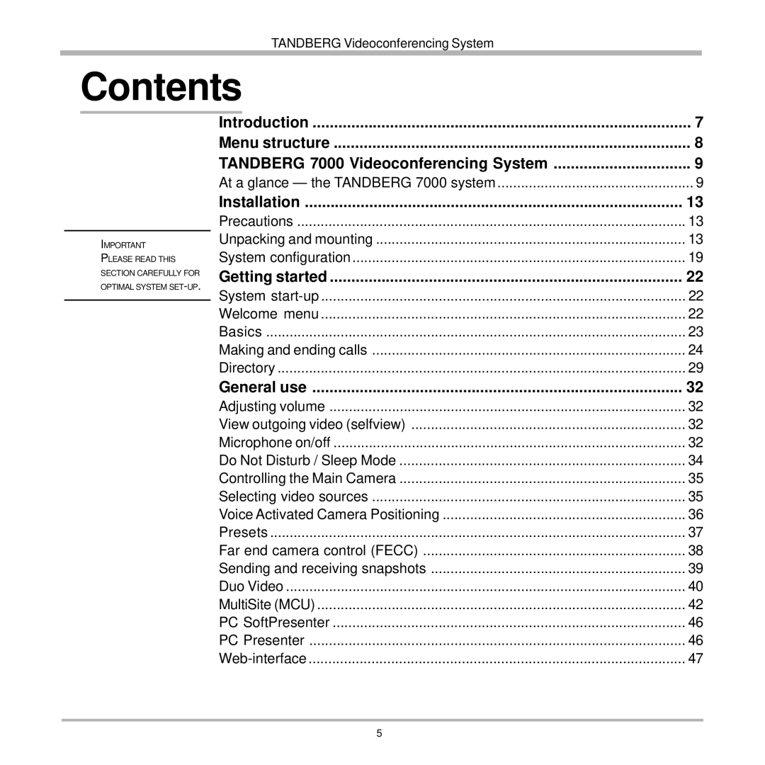 TANDBERG 7000 user manual Contents 