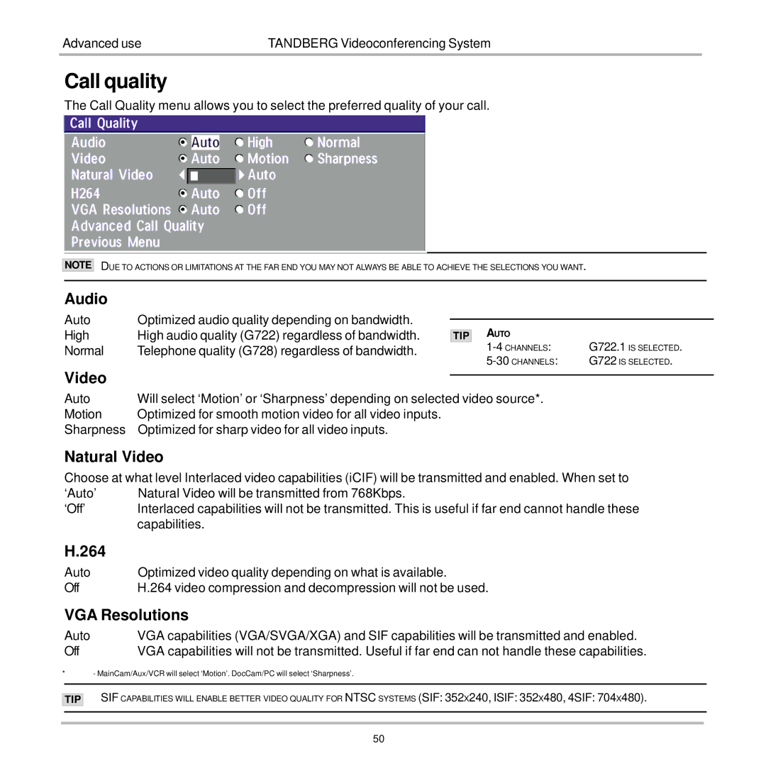 TANDBERG 7000 user manual Call quality 