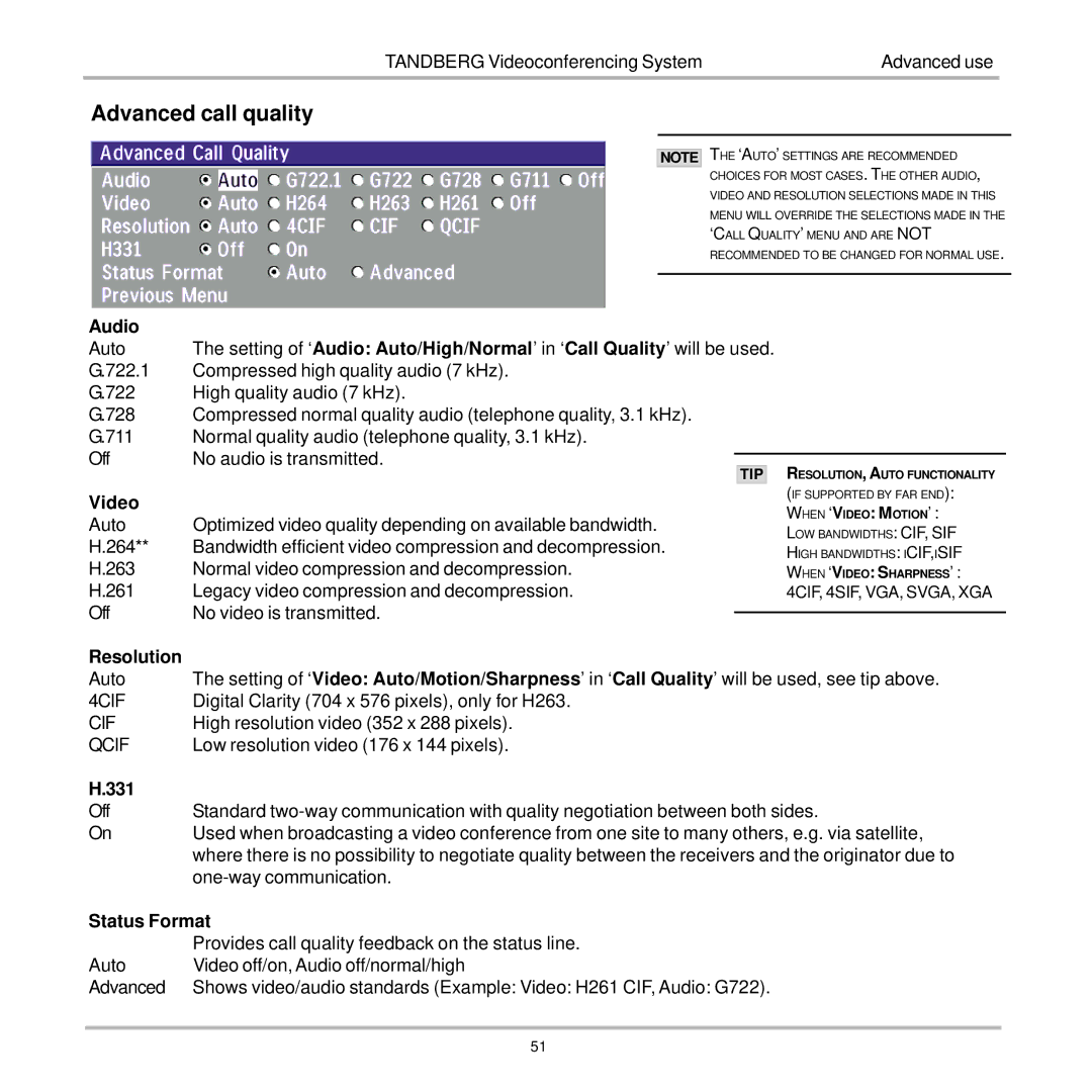 TANDBERG 7000 user manual Advanced call quality 