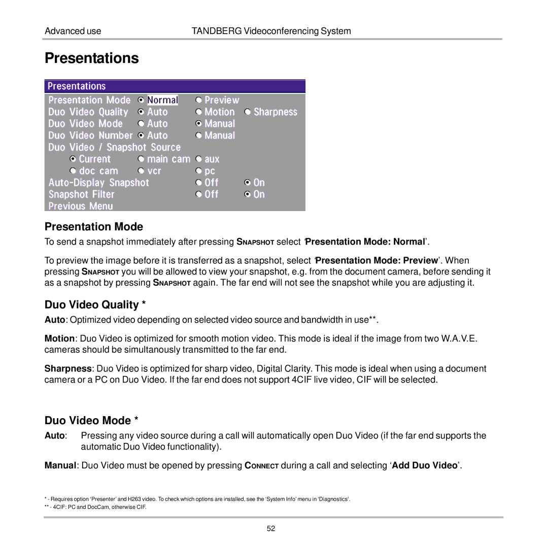 TANDBERG 7000 user manual Presentations, Presentation Mode, Duo Video Quality, Duo Video Mode 