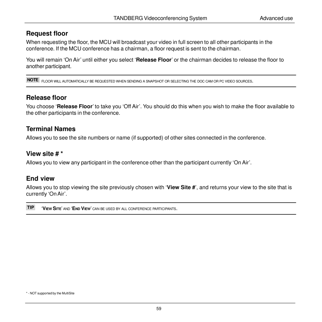 TANDBERG 7000 user manual Request floor, Release floor, Terminal Names, View site #, End view 