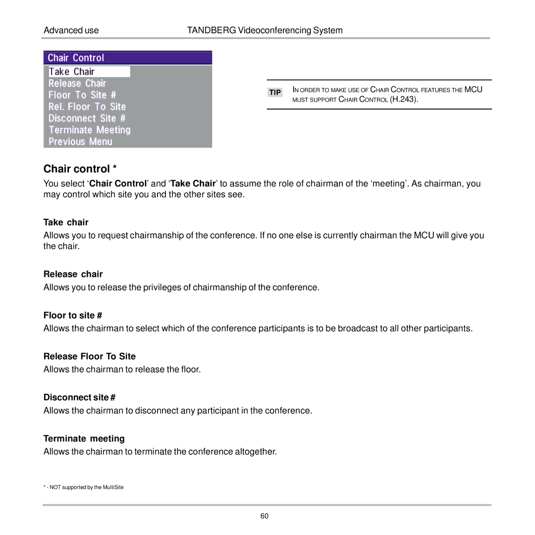 TANDBERG 7000 user manual Chair control 