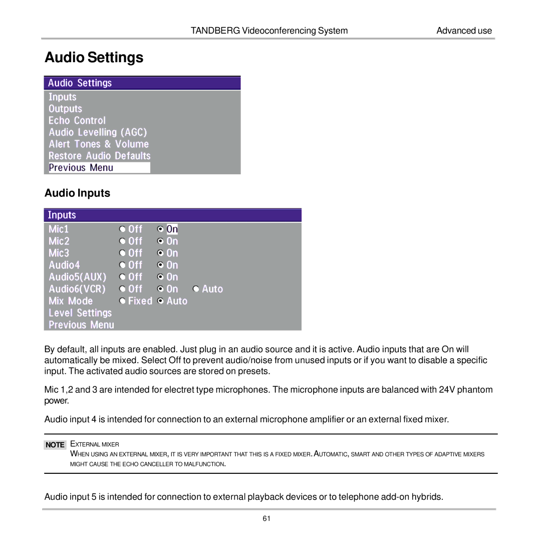 TANDBERG 7000 user manual Audio Settings, Audio Inputs 