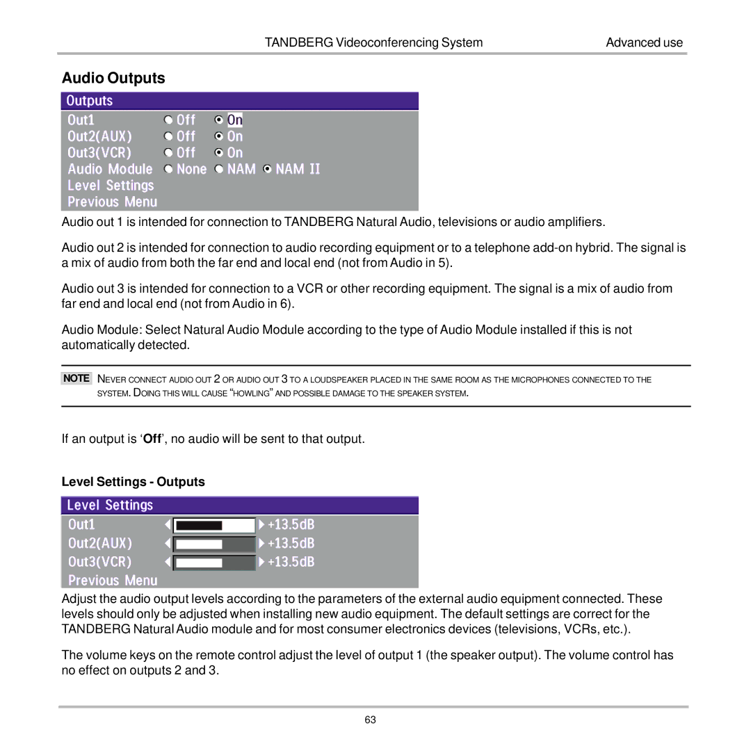 TANDBERG 7000 user manual Audio Outputs, Level Settings Outputs 