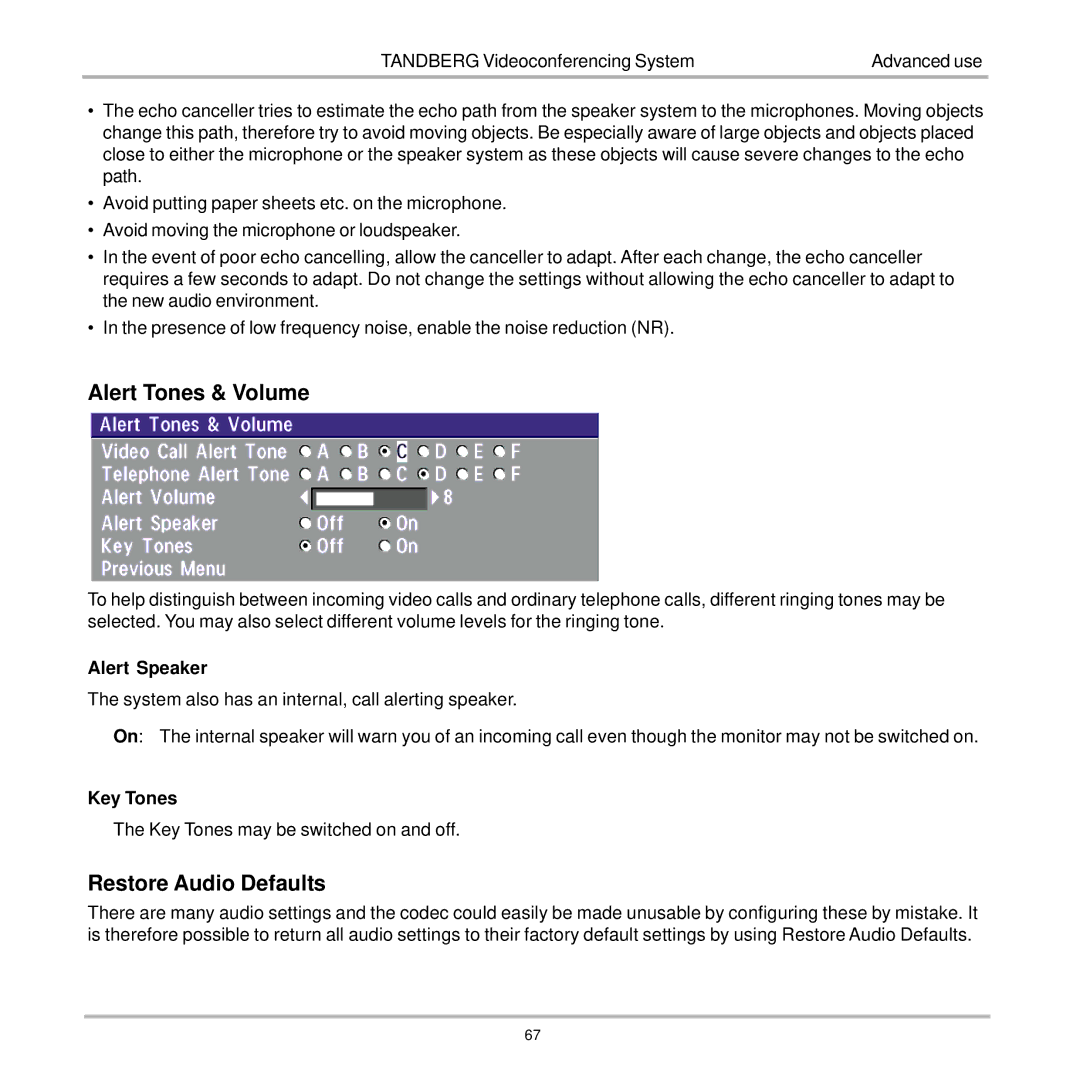 TANDBERG 7000 user manual Alert Tones & Volume, Restore Audio Defaults, Alert Speaker, Key Tones 