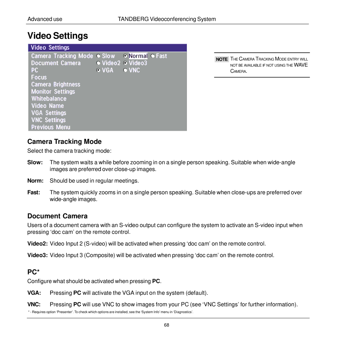 TANDBERG 7000 user manual Video Settings, Camera Tracking Mode, Document Camera 